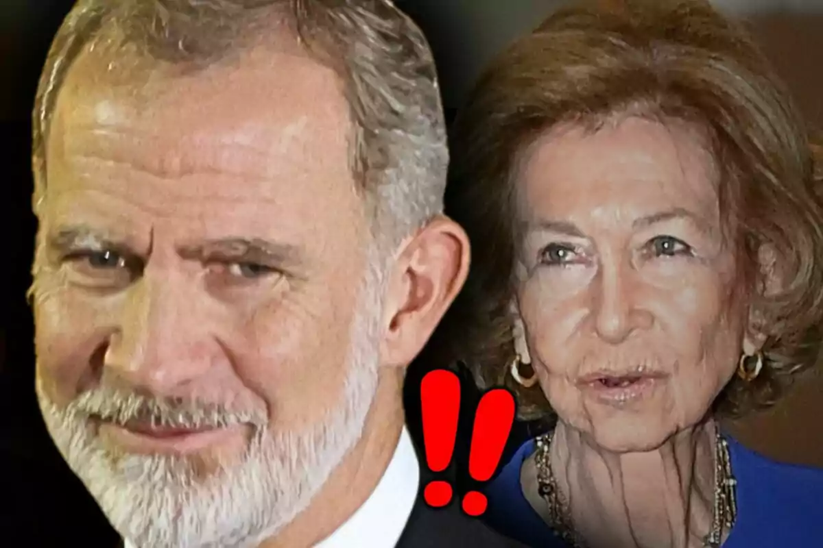 Primer pla de Felip VI amb barba canosa i una imatge de la reina Sofia al fons, tots dos mirant cap al davant, amb dos signes d’exclamació vermells entre ells.