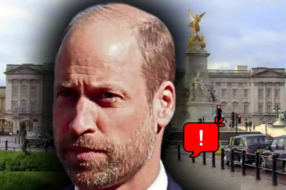 Montaje de fotos del príncipe Guillermo con rostro serio al frente del Palacio de Buckingham con un ícono de advertencia en la imagen.