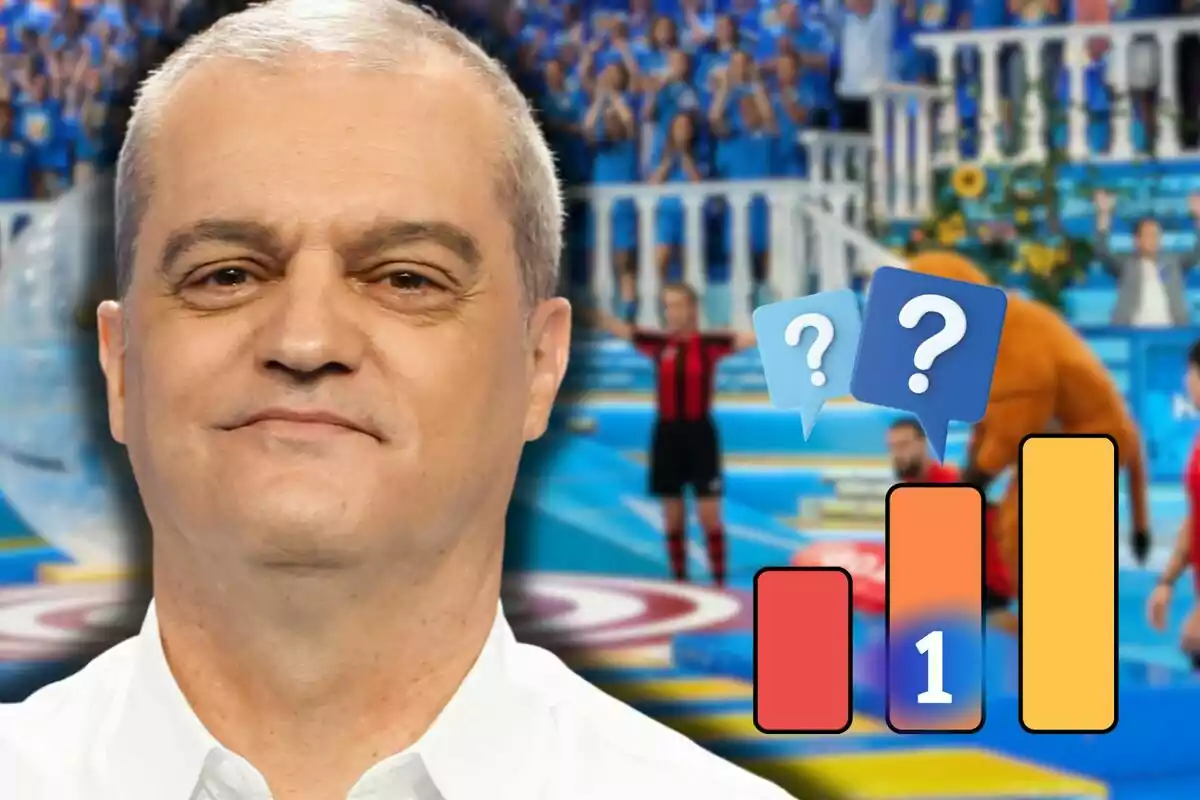 Ramón García amb expressió neutral davant d’un fons colorit amb públic, gràfics de barres i bombolles de preguntes