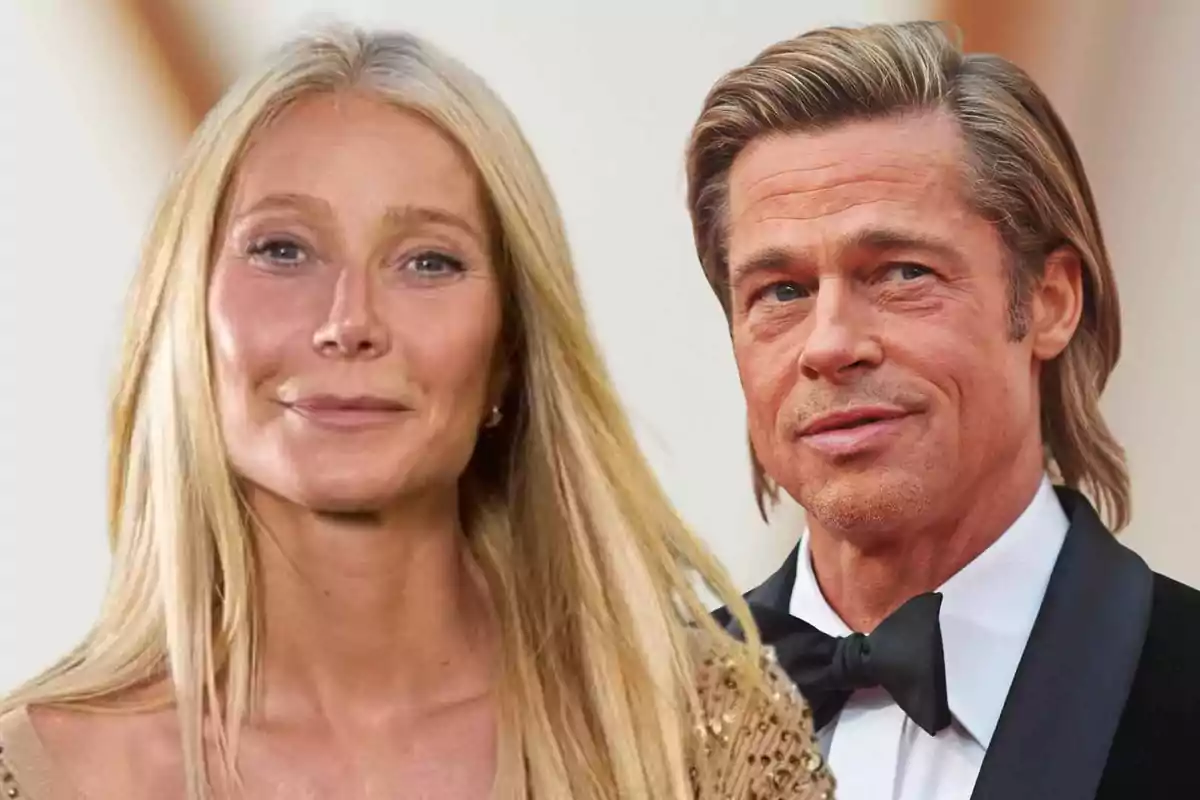 Gwyneth Paltrow y Brad Pitt posan juntos frente a un fondo claro Gwyneth Paltrow y Brad Pitt posan juntos frente a un fondo claro