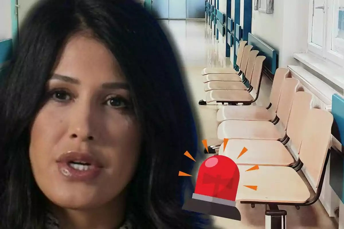 Gabriela Guillén en primer plano con expresión seria y fondo de sala de espera vacía en un hospital junto a un ícono de alarma roja