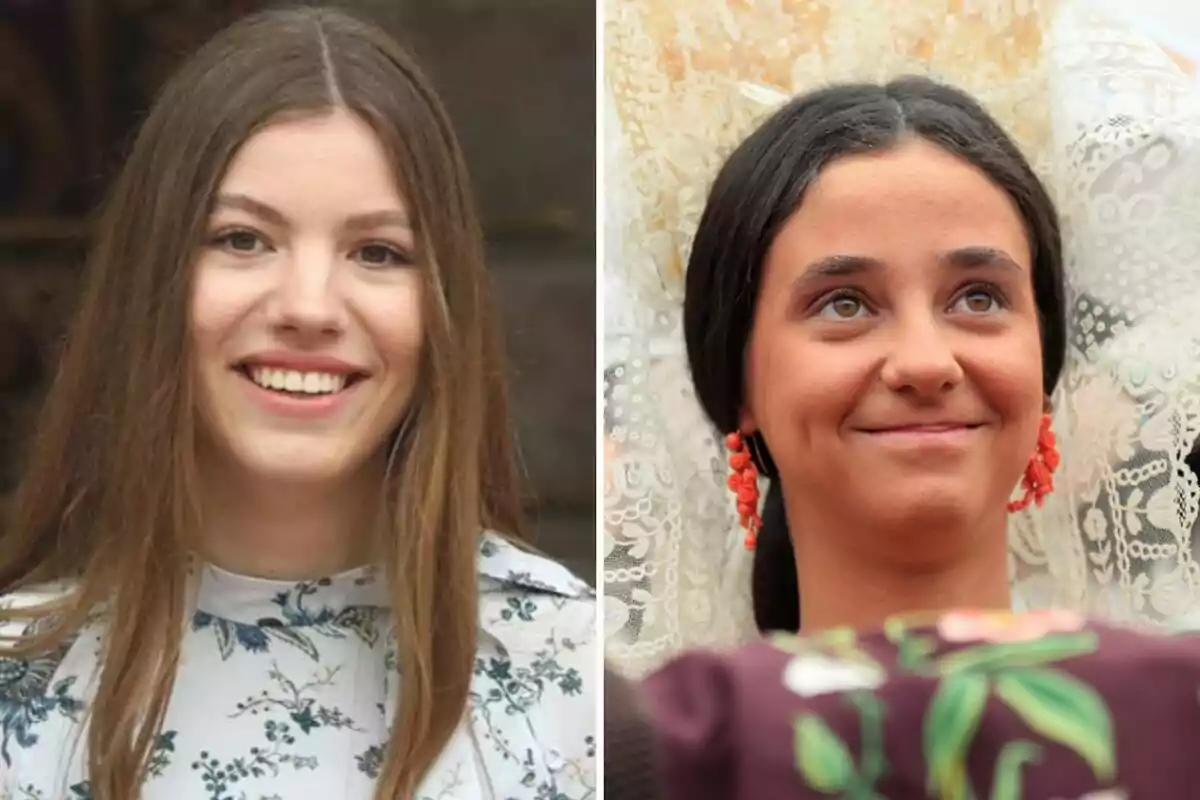 La infanta Sofía y Victoria Federica sonríen, una con el cabello suelto y ropa clara con flores, la otra con el cabello recogido, pendientes naranjas y un fondo de encaje. La infanta Sofía y Victoria Federica sonríen, una con el cabello suelto y ropa clara con flores, la otra con el cabello recogido, pendientes naranjas y un fondo de encaje.