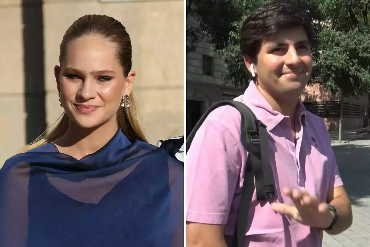 Irene Urdangarin con vestido azul sonríe frente a una pared y Juan Urquijo con camisa rosa y mochila saluda en una calle con árboles. Irene Urdangarin con vestido azul sonríe frente a una pared y Juan Urquijo con camisa rosa y mochila saluda en una calle con árboles.
