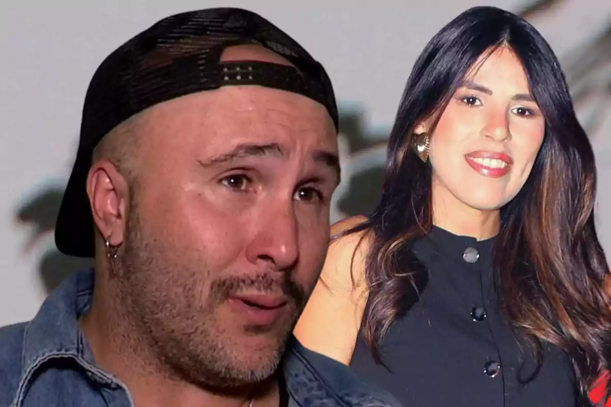 Kiko Rivera con gorra hacia atrás y expresión seria aparece en primer plano mientras Isa Pantoja de cabello largo y oscuro sonríe en el fondo