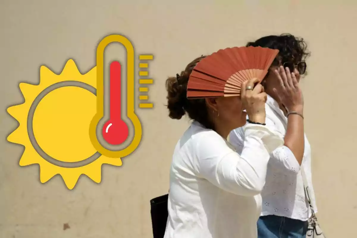 Dues dones caminen sota el sol intens mentre una d’elles es cobreix la cara amb un ventall i l’altra amb la mà, al costat d’un gràfic de sol i termòmetre que indica altes temperatures.