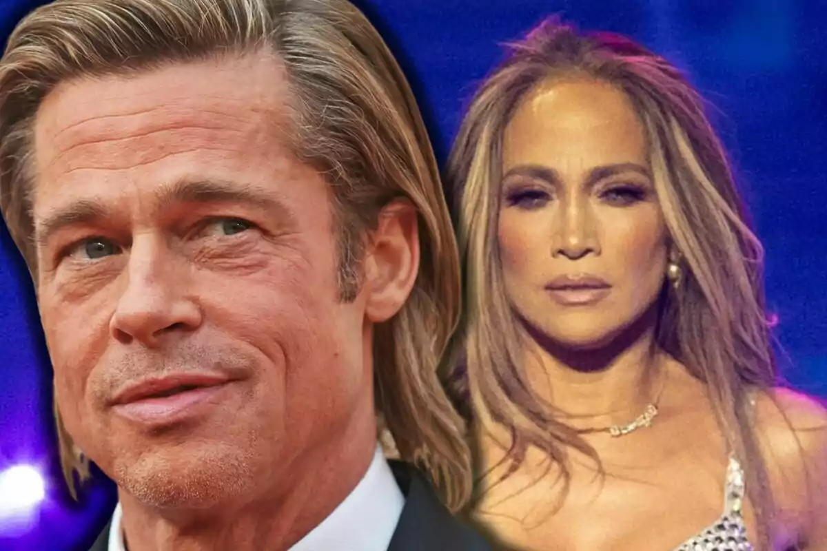 Primer plano de Brad Pitt y Jennifer López sobre un fondo azul