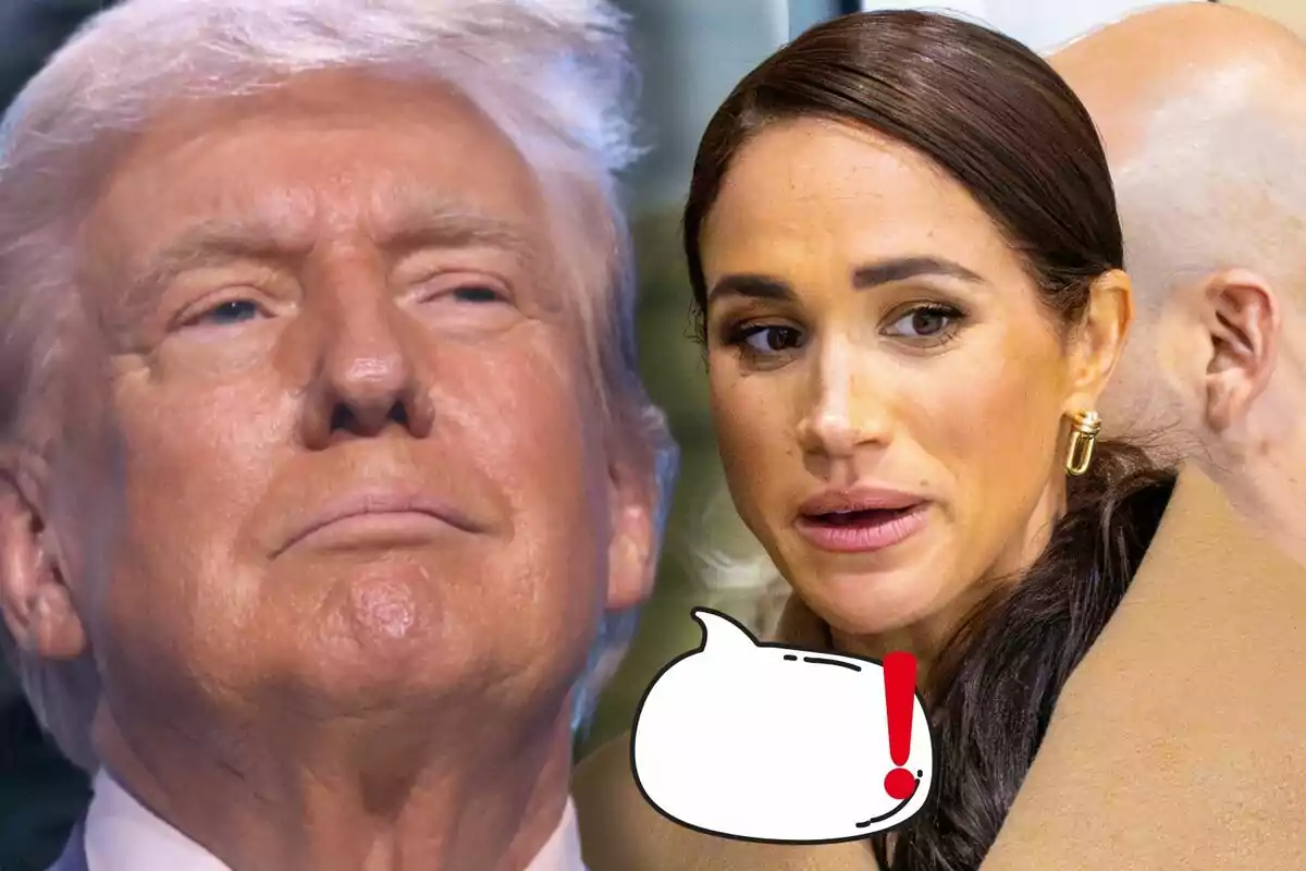 Primer pla de Donald Trump i Meghan Markle amb una bombolla de diàleg i un signe d’exclamació vermell