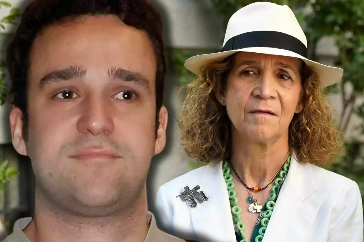 Froilán y la infanta Elena con sombrero blanco y chaqueta clara aparecen juntos en la imagen, ambos con expresiones serias. Froilán y la infanta Elena con sombrero blanco y chaqueta clara aparecen juntos en la imagen, ambos con expresiones serias.
