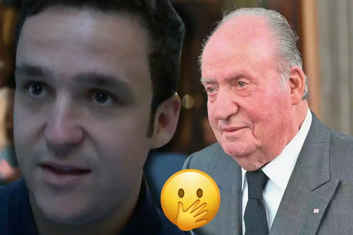 Froilán y Juan Carlos I aparecen juntos en la imagen, uno de ellos lleva traje y corbata, mientras que en primer plano hay un emoji de cara sorprendida con la mano en la boca.