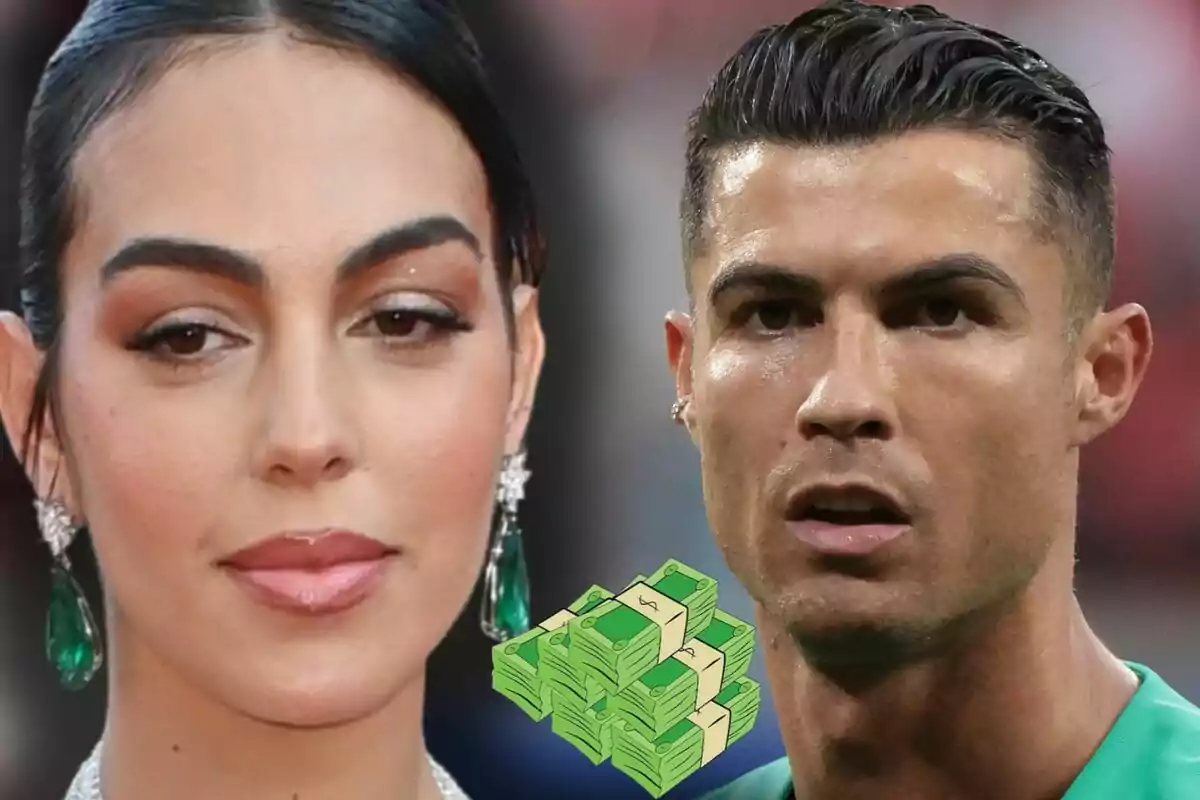 Primer pla de Georgina Rodríguez i Cristiano Ronaldo amb expressió seriosa i un dibuix de feixos de bitllets al centre