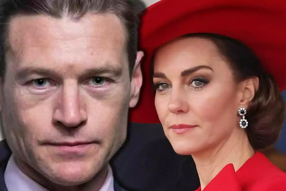 Primer plano de Harry Blakelock junto a Kate Middleton con sombrero rojo y aretes elegantes