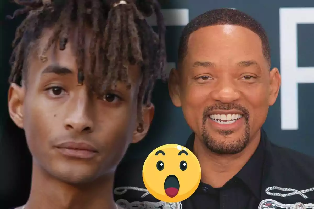 Jaden i Will Smith, una amb expressió seriosa i l’altra somrient, amb un emoji de sorpresa al centre