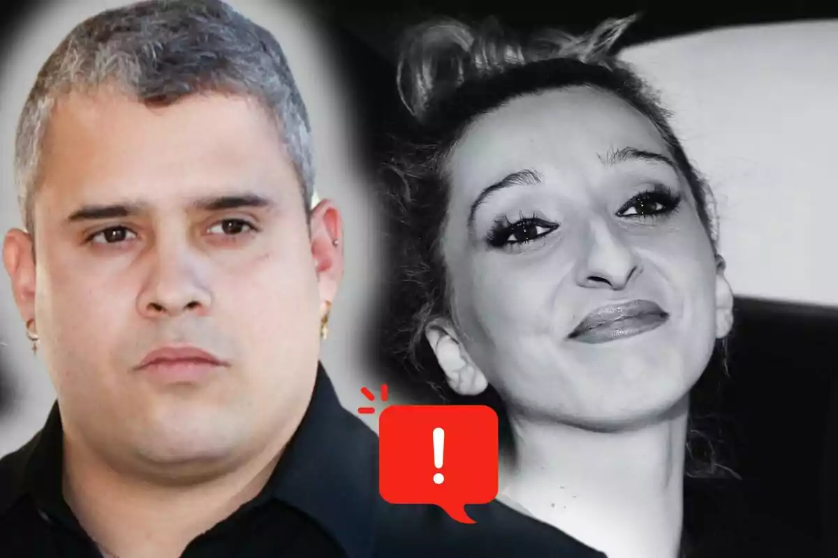 José Fernando y Michu en primer plano con una burbuja roja de advertencia entre ellas José Fernando y Michu en primer plano con una burbuja roja de advertencia entre ellas