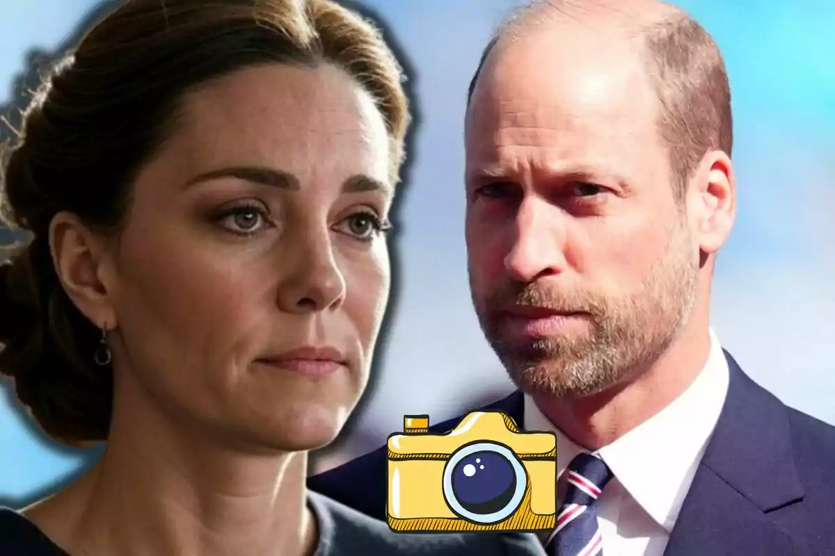 Kate Middleton and Prince William, with serious expressions, appear together with a drawing of a camera in the foreground.
