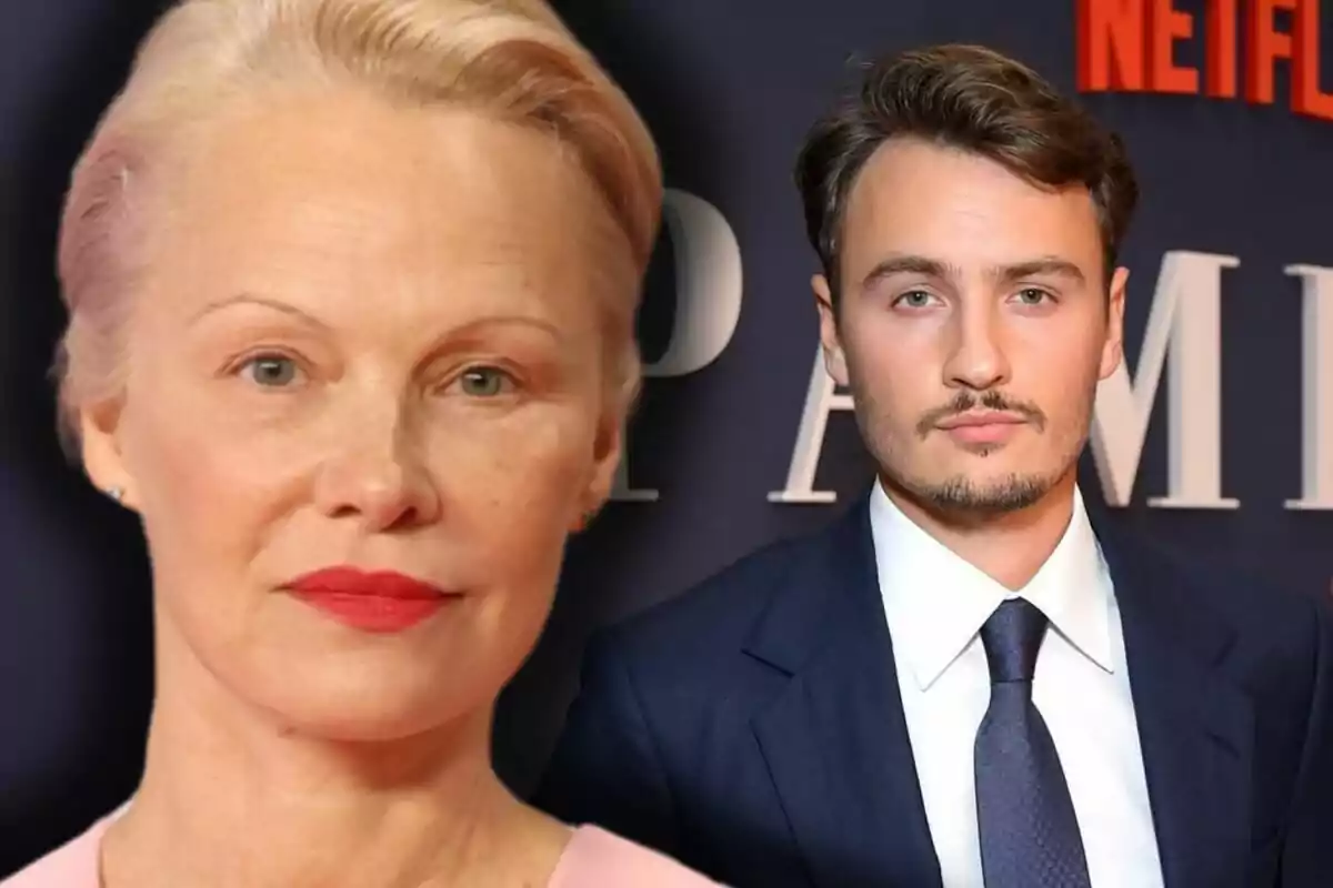 Pamela Anderson amb llavis vermells en primer pla al costat de Brandon Lee vestit amb vestit i corbata en un fons fosc