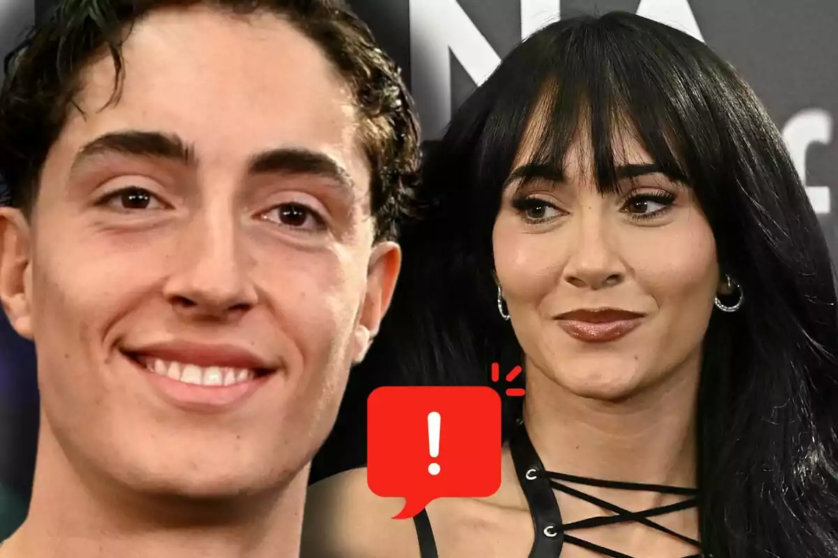 Plex sonriente y Aitana con expresión seria aparecen juntos con un ícono de advertencia rojo al centro