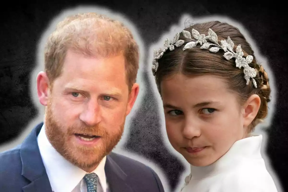 El príncipe Harry con traje y corbata junto a la princesa Charlotte con diadema plateada y peinado recogido sobre un fondo oscuro difuminado.