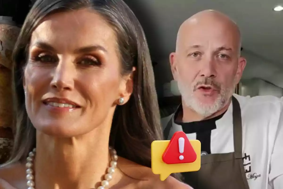 La reina Letizia con collar de perlas y Willy Moya con bata de chef aparecen juntos con un ícono de advertencia en primer plano