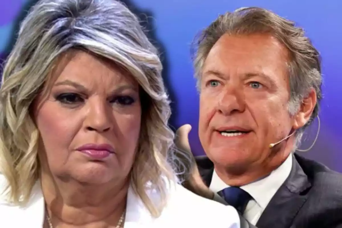 Terelu Campos i Alejandro Salem en un plató de televisió amb expressions serioses i un fons desenfocat.