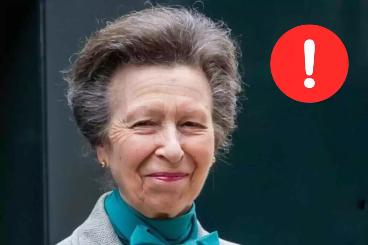 La princesa Anna somrient amb un fons fosc i un cercle vermell amb un signe d’exclamació blanc a la dreta