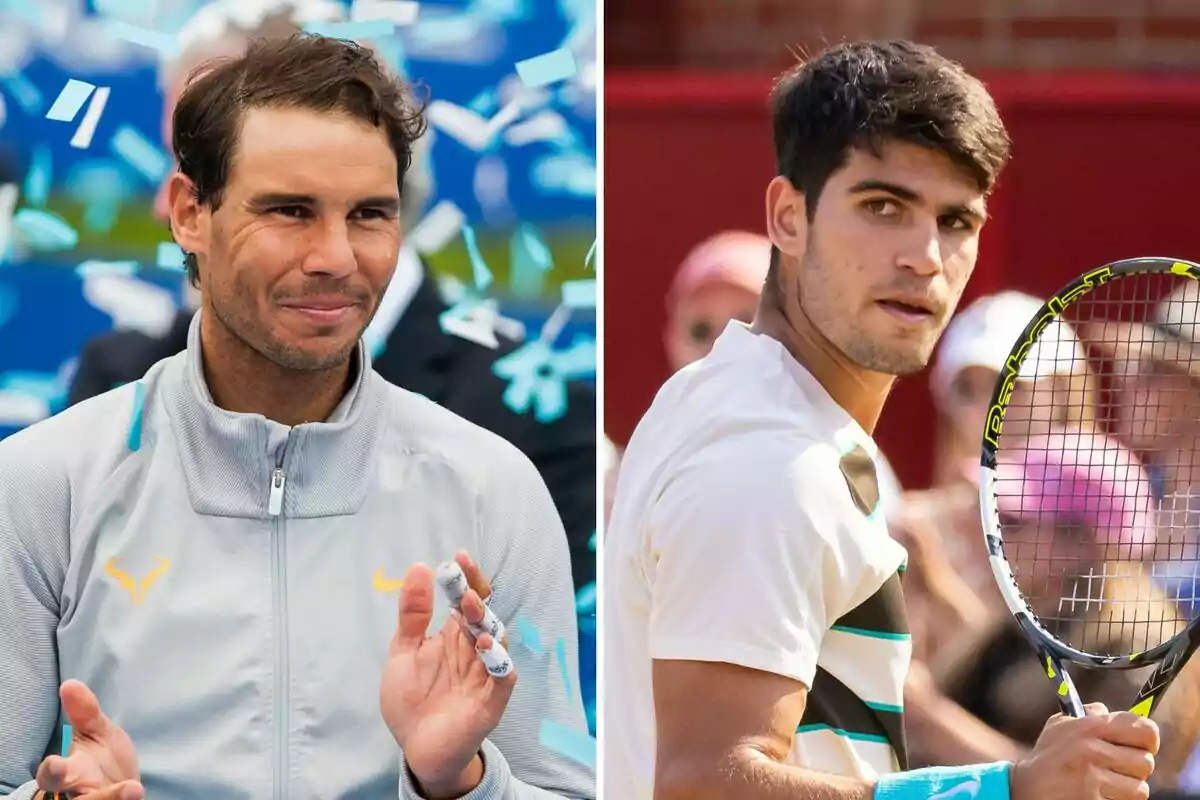 Rafa Nadal y Carlos Alcaraz aparecen en la imagen, uno a la izquierda aplaudiendo con confeti azul alrededor y otro a la derecha sosteniendo una raqueta y mirando hacia un lado Rafa Nadal y Carlos Alcaraz aparecen en la imagen, uno a la izquierda aplaudiendo con confeti azul alrededor y otro a la derecha sosteniendo una raqueta y mirando hacia un lado