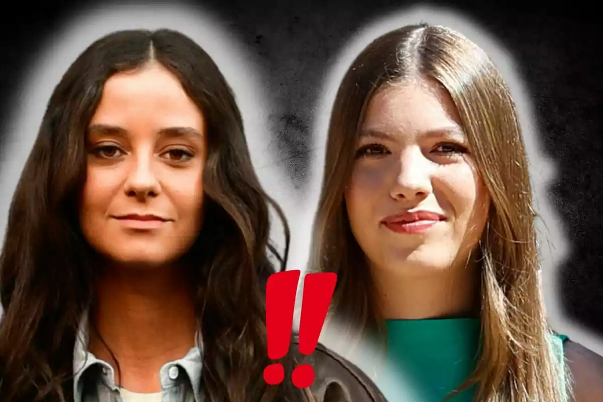 Victoria Federica i la infanta Sofia, una de cabell fosc i l’altra de cabell clar, apareixen una al costat de l’altra sobre un fons fosc amb un parell de signes d’exclamació vermells entre elles.