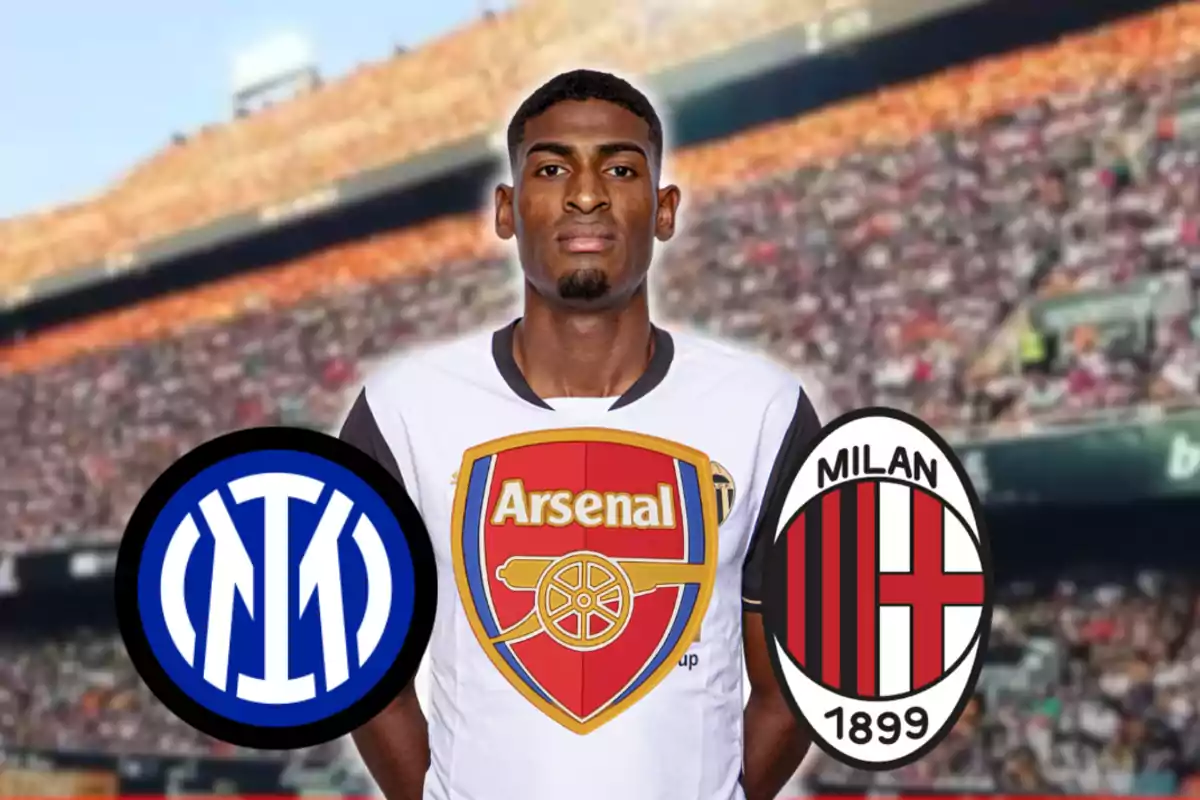 Futbolista con camiseta blanca y escudos de Inter de Milán, Arsenal y AC Milan sobre un estadio lleno de aficionados Futbolista con camiseta blanca y escudos de Inter de Milán, Arsenal y AC Milan sobre un estadio lleno de aficionados