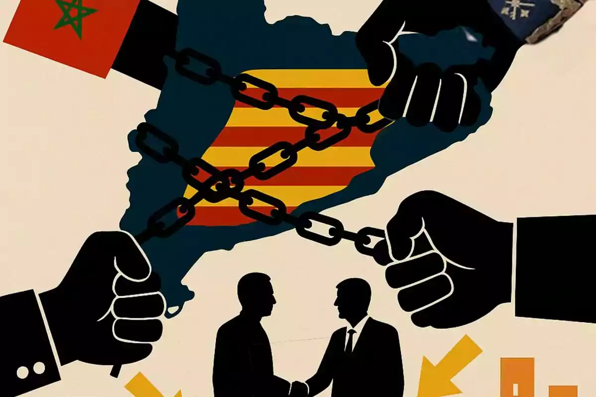 Il·lustració de diverses mans subjectant cadenes que envolten un mapa amb la bandera catalana, mentre dues figures es donen la mà a la part inferior.