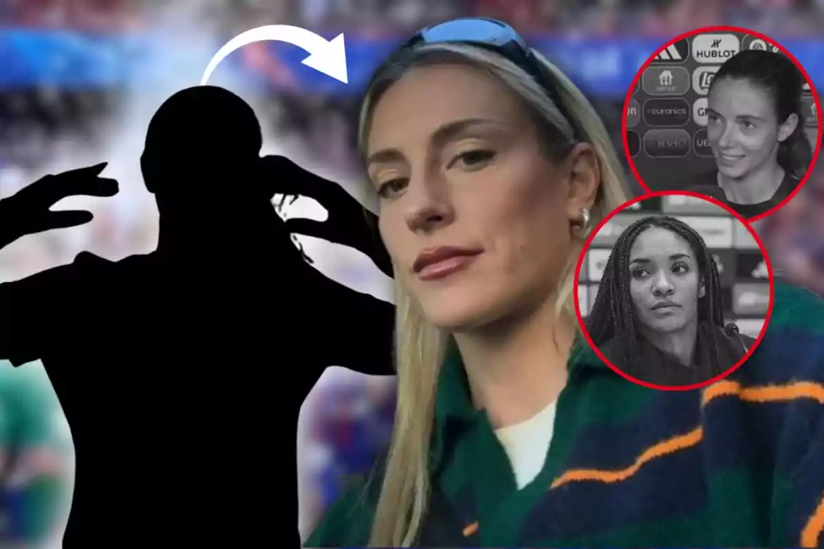 Muntatge amb una dona rossa en primer pla, una silueta negra d’una persona amb una fletxa blanca a sobre i dues cares femenines en cercles vermells a la cantonada dreta.