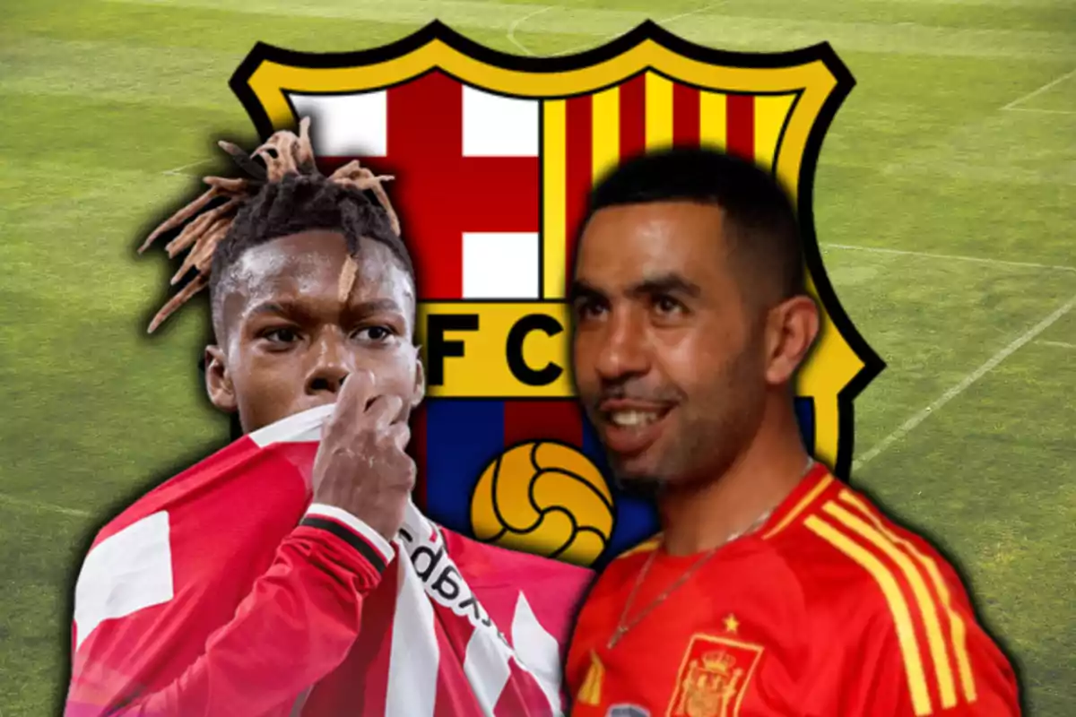 Nico Williams y Mounir Nasraoui, con el escudo del Barça