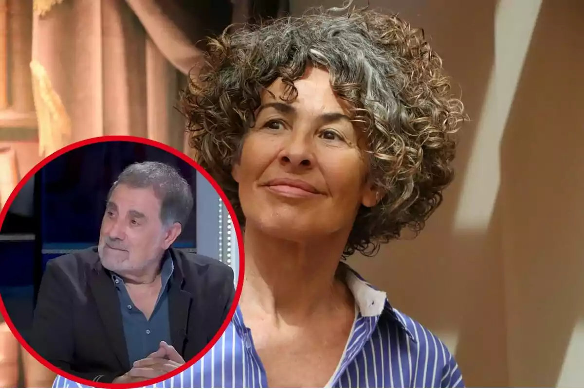 Una mujer de cabello rizado y canoso sonríe levemente mientras mira hacia un lado, en la esquina inferior izquierda aparece un recuadro circular con la imagen de un hombre de cabello canoso y barba, vestido con saco oscuro y camisa azul, sentado y mirando hacia la derecha.