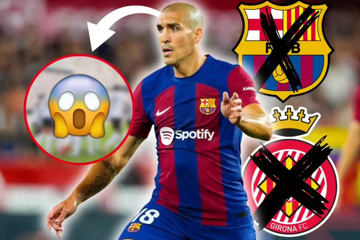 Futbolista del Barcelona amb gest sorprès, al costat dels escuts ratllats del Barcelona i del Girona, i un emoji de sorpresa.