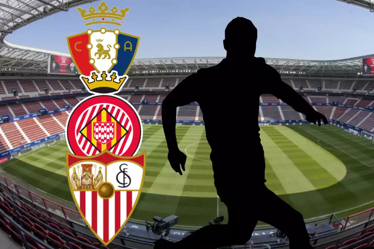 An empty soccer stadium with the silhouette of a player and the crests of Osasuna, Girona, and Sevilla in the foreground