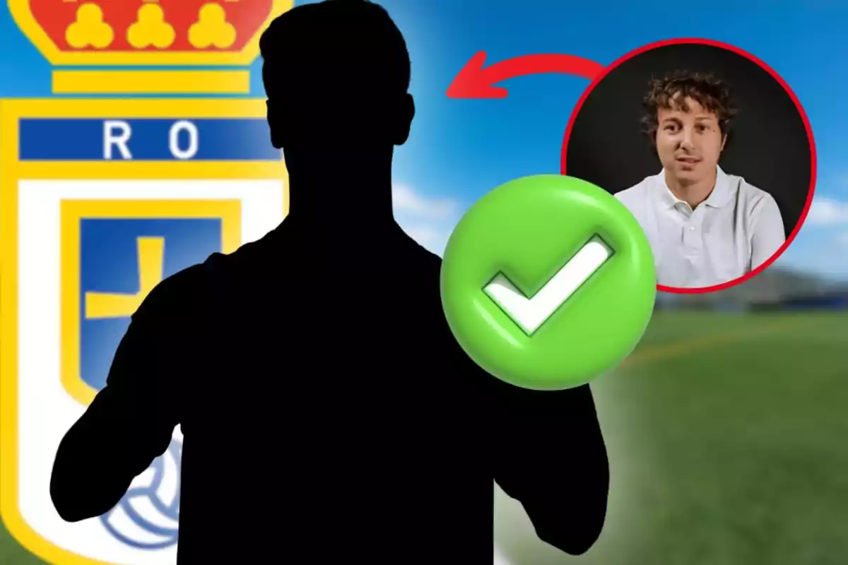 Silueta de una persona frente al escudo del Real Oviedo con un círculo que muestra a un hombre joven y un icono de verificación verde