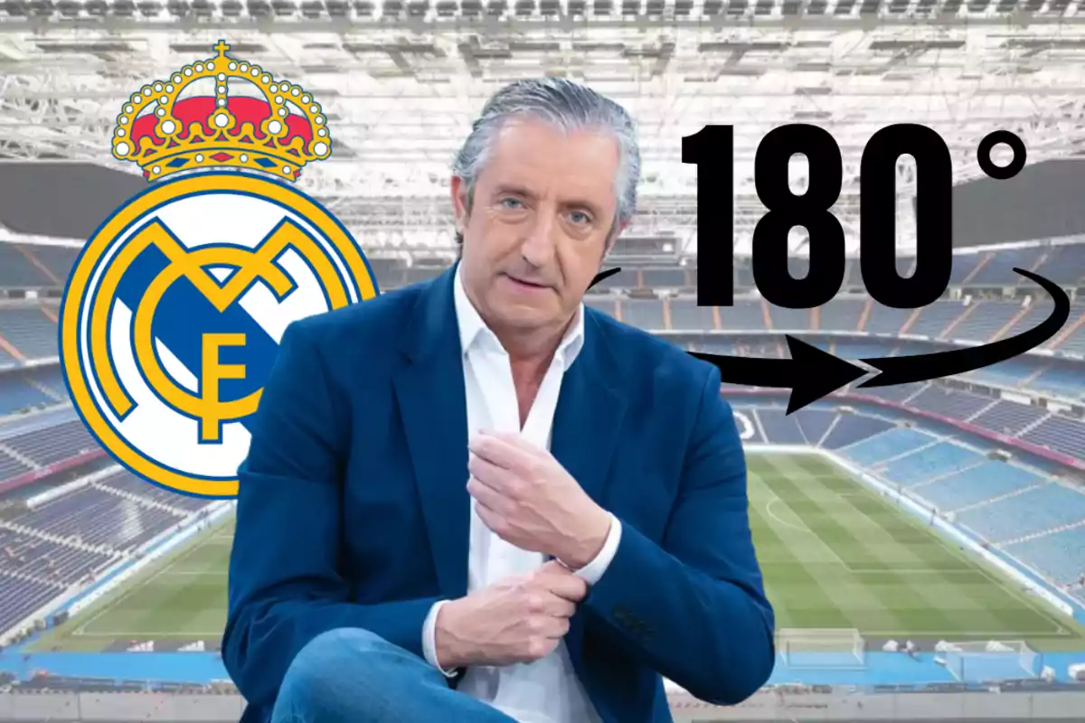Home de cabells canosos amb jaqueta blava assegut en un estadi de futbol amb l’escut del Reial Madrid i el text 180 graus al costat d’una fletxa corba