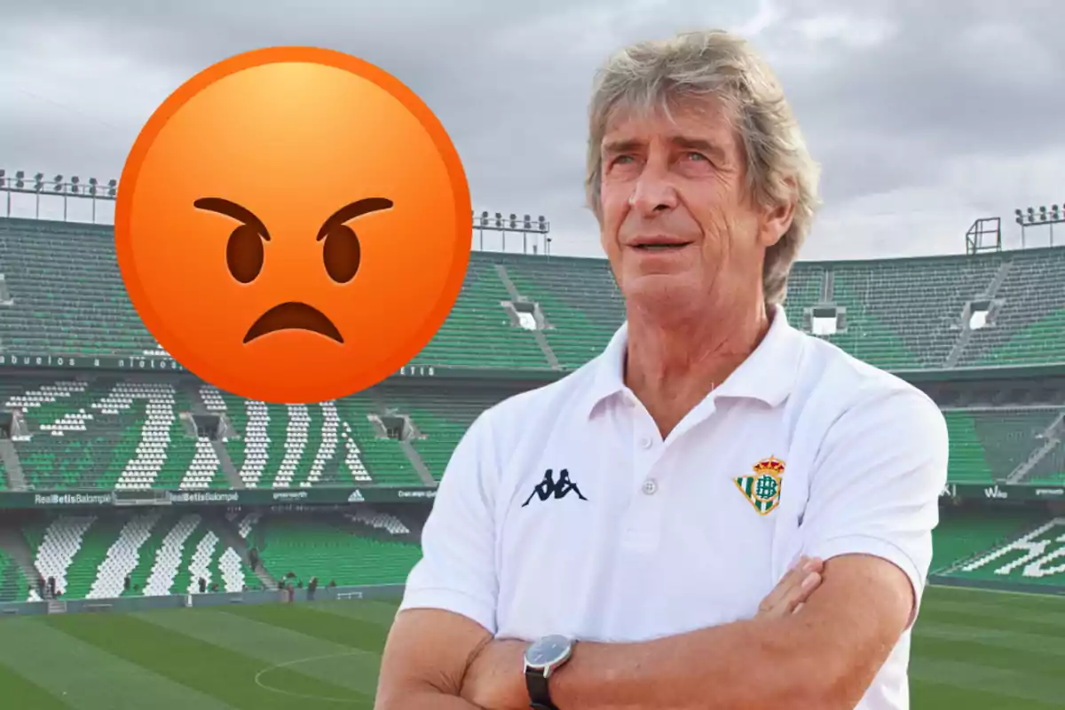 Hombre de cabello canoso con camiseta blanca del Real Betis en un estadio de fútbol con un emoji de enojo grande a su lado