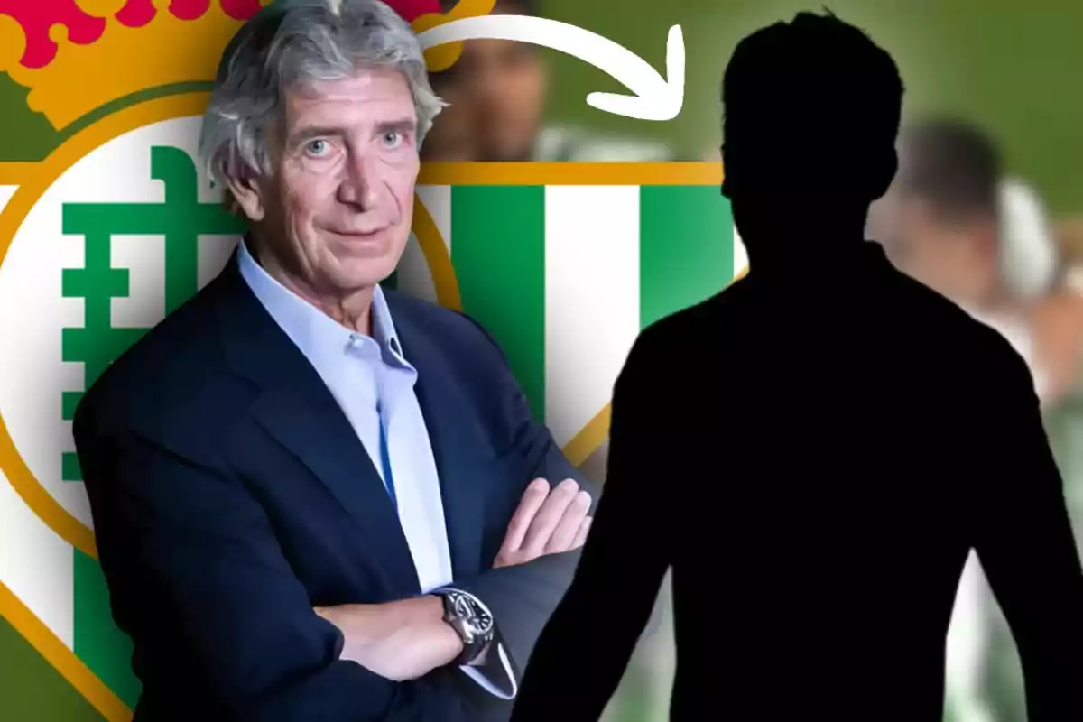 Entrenador de futbol amb els braços creuats davant de l’escut del Real Betis i la silueta d’una persona misteriosa al seu costat