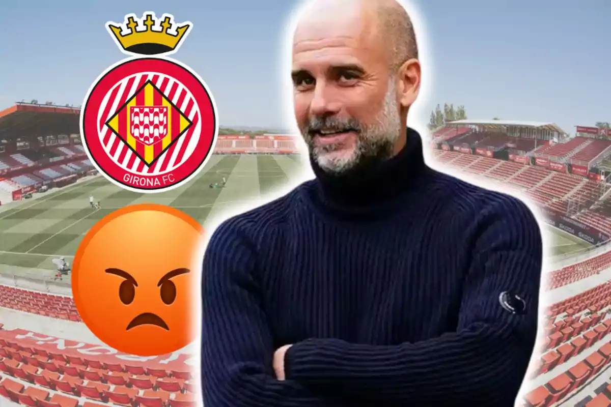Un home calb amb barba i jersei fosc apareix somrient davant d’un estadi de futbol buit, al costat de l’escut del Girona FC i un emoji d’enfadament.