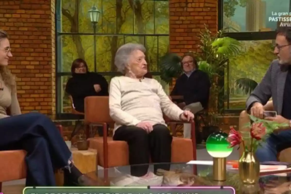 Un grup de persones conversa en un plató de televisió decorat amb plantes i parets de maó, mentre una dona gran és el centre d’atenció. Un grup de persones conversa en un plató de televisió decorat amb plantes i parets de maó, mentre una dona gran és el centre d’atenció.