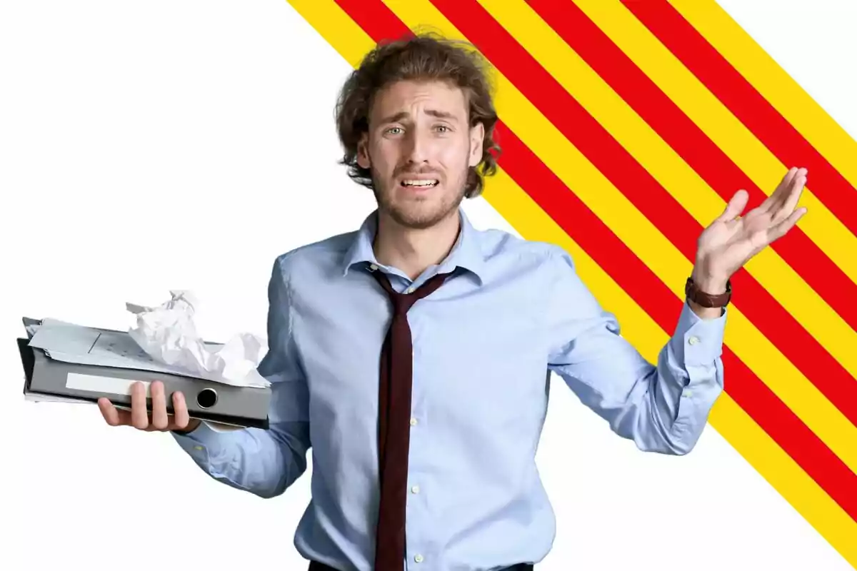 Home amb expressió de confusió sostenint una carpeta amb papers arrugats davant d’un fons amb línies diagonals vermelles i grogues Home amb expressió de confusió sostenint una carpeta amb papers arrugats davant d’un fons amb línies diagonals vermelles i grogues