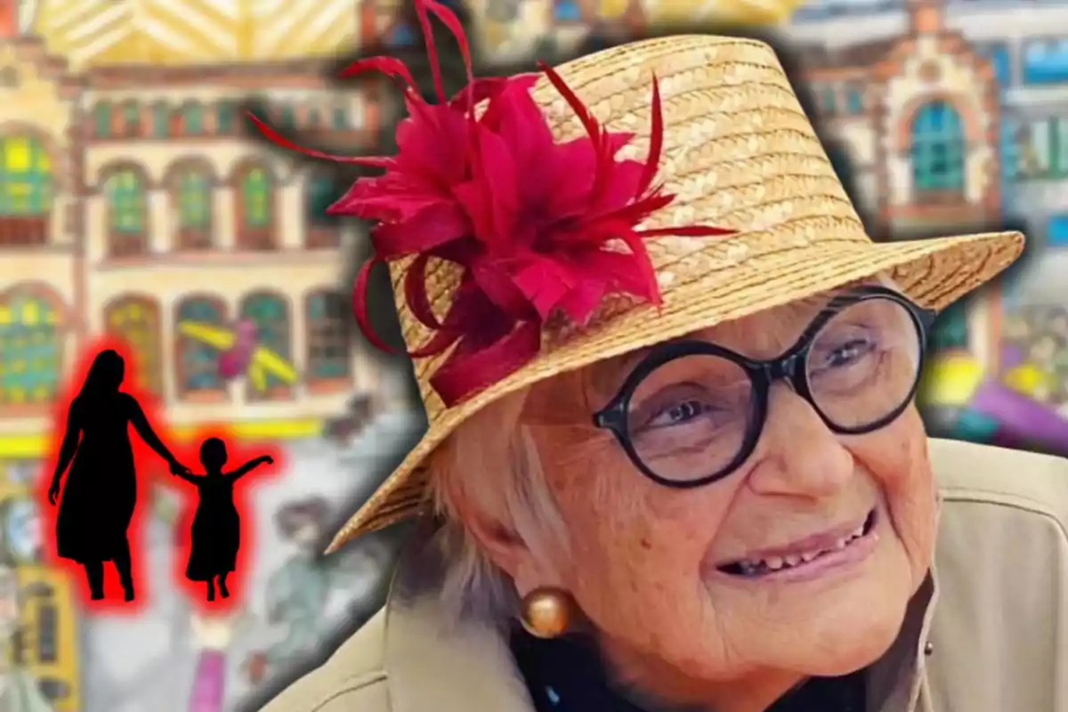 Dona gran amb ulleres i barret de palla decorat amb una flor vermella somriu davant d’un fons acolorit amb siluetes negres d’una dona i una nena agafades de la mà