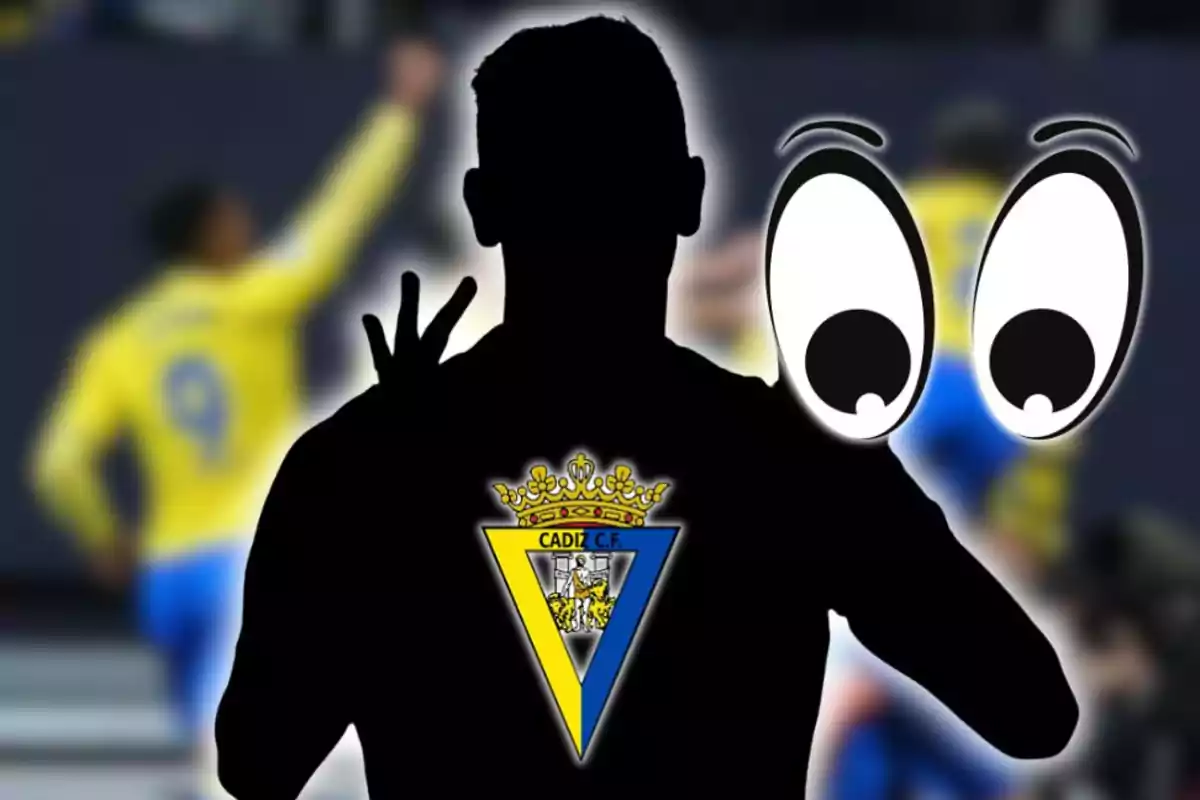Silueta de un jugador con el escudo del Cádiz CF en el pecho y unos ojos grandes dibujados, con fondo de jugadores desenfocados en uniforme amarillo y azul