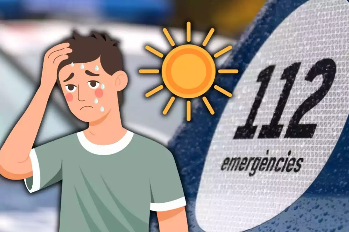 Ilustración de un hombre sudando y preocupado junto a un sol y el número de emergencias 112 de fondo Ilustración de un hombre sudando y preocupado junto a un sol y el número de emergencias 112 de fondo