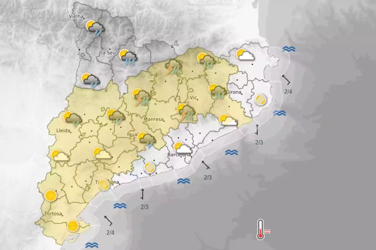 Previsió per a la tarda d’aquest dimecres 2 de juliol, amb diferents alertes per altes temperatures i per pluges. Previsió per a la tarda d’aquest dimecres 2 de juliol, amb diferents alertes per altes temperatures i per pluges.