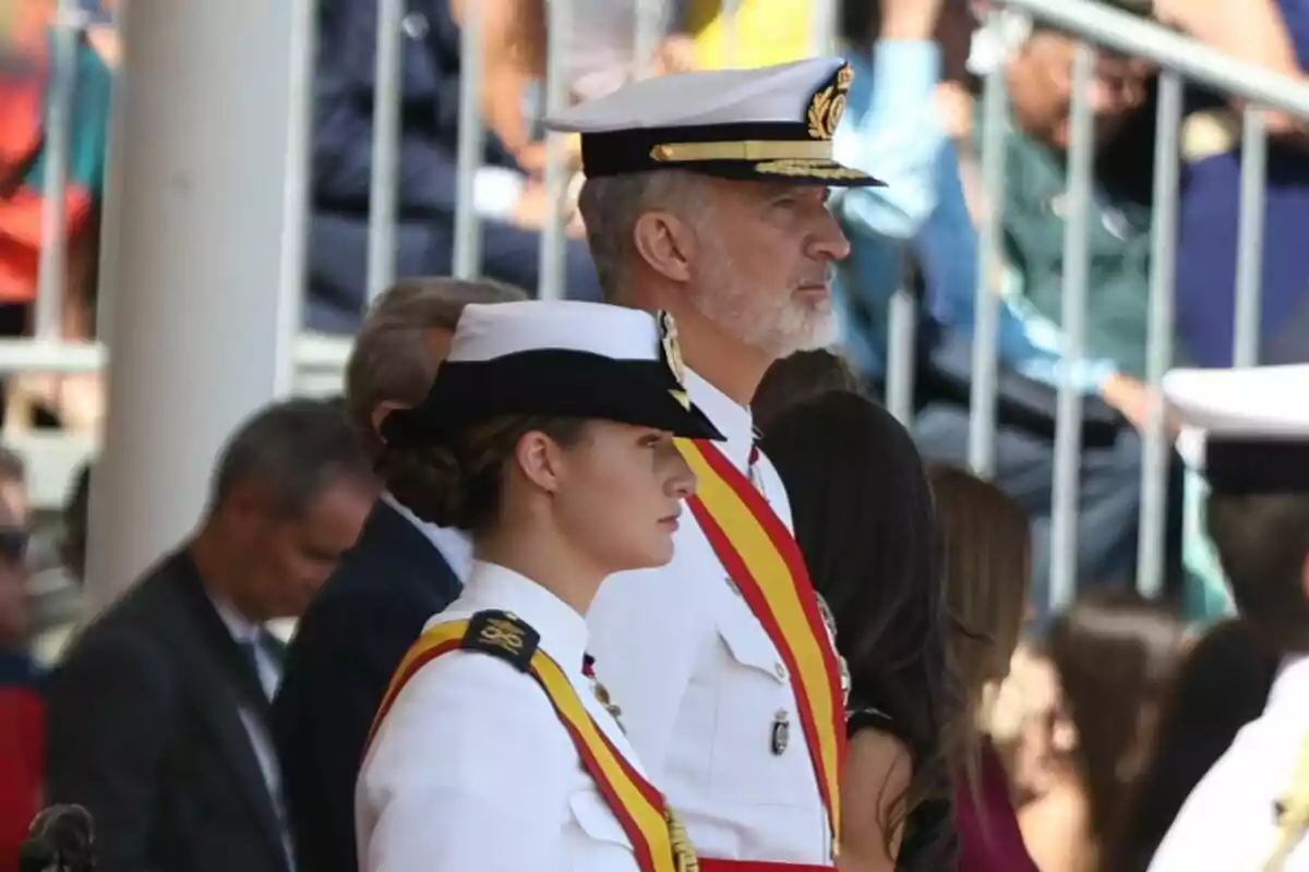 King Felipe VI and Princess Leonor during the oath or pledge before the Flag and the ceremony of presenting Royal Commissions and appointments to the new Navy officers, at the Naval Academy of Marín, on July 16, 2025, in Marín. King Felipe VI and Princess Leonor during the oath or pledge before the Flag and the ceremony of presenting Royal Commissions and appointments to the new Navy officers, at the Naval Academy of Marín, on July 16, 2025, in Marín.