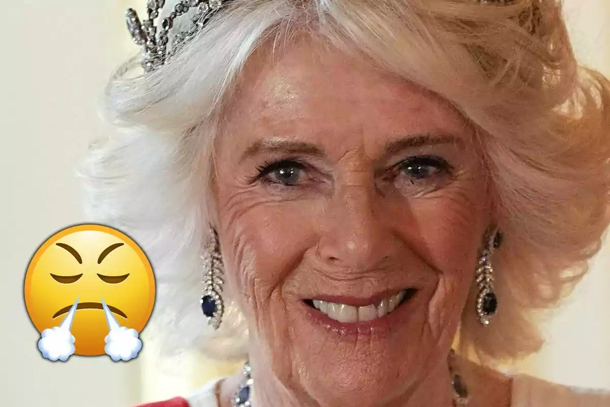 Dona de cabells canosos amb corona i arracades elegants somriu mentre un emoji d’enfadament apareix a la cantonada esquerra de la imatge