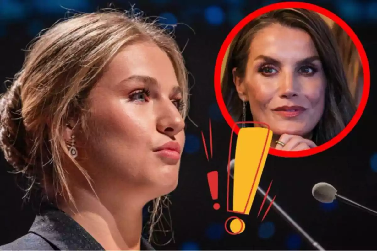 Leonor de perfil davant d’un micròfon amb un cercle vermell que mostra el rostre de Letizia i un signe d’exclamació groc sobre fons fosc