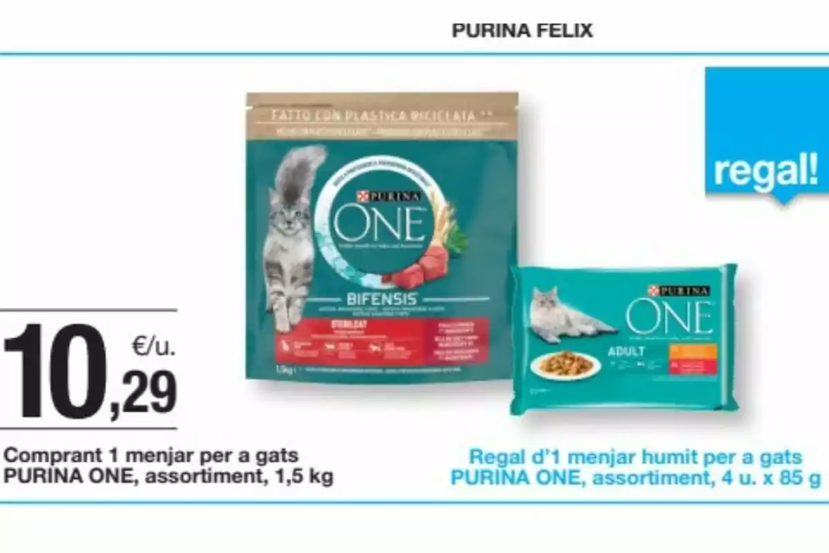 Bossa de menjar sec Purina One per a gats amb un paquet de menjar humit de regal a un preu de 10,29 euros Bossa de menjar sec Purina One per a gats amb un paquet de menjar humit de regal a un preu de 10,29 euros