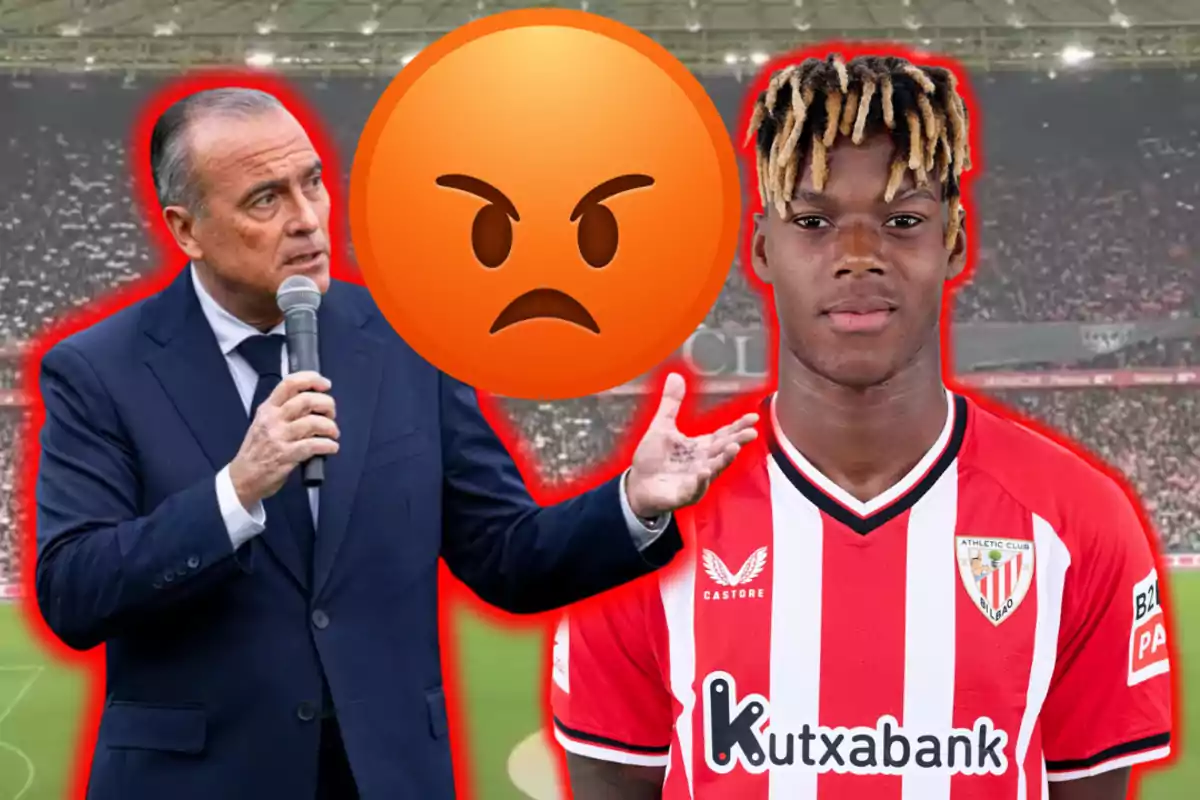 Un home amb vestit parlant per micròfon i un futbolista de l’Athletic Club amb una cara d’enfadament gegant entre ells en un estadi ple de gent