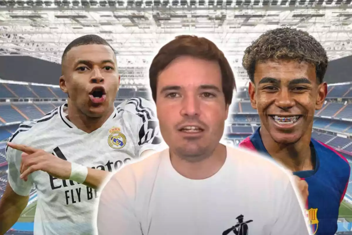 Tres personas en primer plano, una con camiseta del Real Madrid, otra con camiseta del Barcelona y una más en el centro, con un estadio de fútbol de fondo.